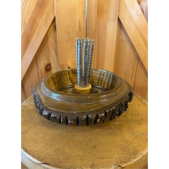 Vintage Ellwood Handmade Rusticware Wood Bark Nut Bowl w Nutcracker & Picks (852 - Picture 2 of 8